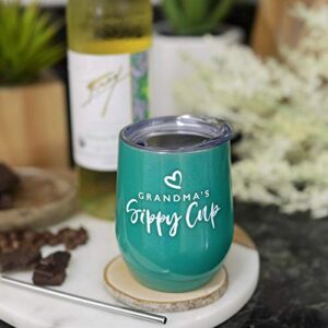 Grandma Gift Insulated Wine Tumbler - 12oz with Steel Straw, BPA Free Lid, and Straw Cleaning Brush - Stainless Steel Stemless Wine Tumbler - Grandma's Sippy Cup - Coffee, Tea, White Wine