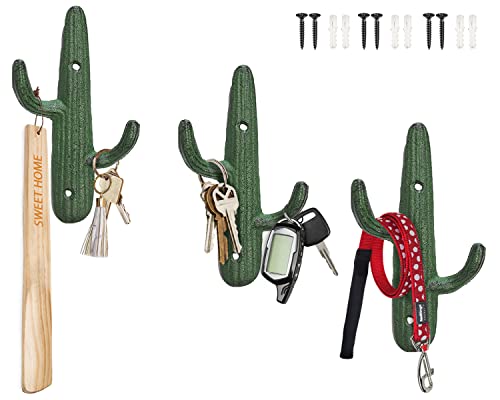 Comfify Set of 3 Hooks Cast Iron Cactus Double Wall Mounted Hooks/Hangers - Decorative Wall Mounted Hooks for Coats, Bags, Towels and More - w/Screws and Anchors Included - Rustic Green