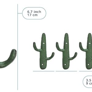 Comfify Set of 3 Hooks Cast Iron Cactus Double Wall Mounted Hooks/Hangers - Decorative Wall Mounted Hooks for Coats, Bags, Towels and More - w/Screws and Anchors Included - Rustic Green