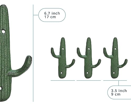 Comfify Set of 3 Hooks Cast Iron Cactus Double Wall Mounted Hooks/Hangers - Decorative Wall Mounted Hooks for Coats, Bags, Towels and More - w/Screws and Anchors Included - Rustic Green