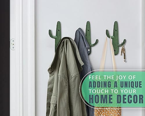 Comfify Set of 3 Hooks Cast Iron Cactus Double Wall Mounted Hooks/Hangers - Decorative Wall Mounted Hooks for Coats, Bags, Towels and More - w/Screws and Anchors Included - Rustic Green