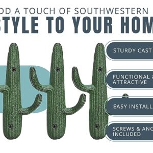 Comfify Set of 3 Hooks Cast Iron Cactus Double Wall Mounted Hooks/Hangers - Decorative Wall Mounted Hooks for Coats, Bags, Towels and More - w/Screws and Anchors Included - Rustic Green