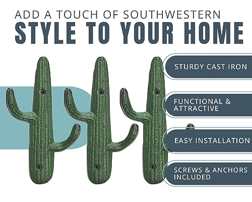 Comfify Set of 3 Hooks Cast Iron Cactus Double Wall Mounted Hooks/Hangers - Decorative Wall Mounted Hooks for Coats, Bags, Towels and More - w/Screws and Anchors Included - Rustic Green