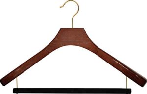 deluxe wooden suit hanger with velvet bar, walnut finish & brass swivel hook, large 2 inch wide contoured coat & jacket hangers (set of 12) by the great american hanger company