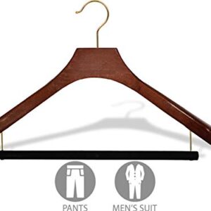 Deluxe Wooden Suit Hanger with Velvet Bar, Walnut Finish & Brass Swivel Hook, Large 2 Inch Wide Contoured Coat & Jacket Hangers (Set of 12) by The Great American Hanger Company