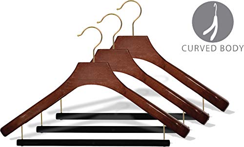 Deluxe Wooden Suit Hanger with Velvet Bar, Walnut Finish & Brass Swivel Hook, Large 2 Inch Wide Contoured Coat & Jacket Hangers (Set of 12) by The Great American Hanger Company