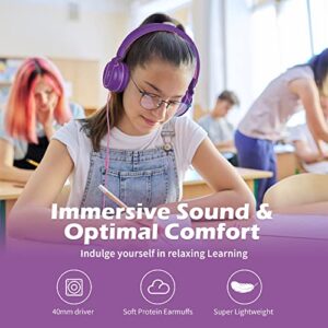 AILIHEN I35 Kids Headphones Wired with Microphone Volume Limited 93dB Children Girls Boys Teen Lightweight Foldable Headset for School Online Course Chromebook Cellphones Tablets (Pink Purple)