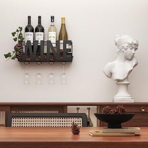 SODUKU Wall Mounted Metal Wine Rack 4 Long Stem Glass Holder & Wine Cork Storage Wine