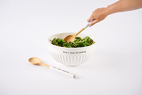 Mud Pie Dolomite, wood Don't Stop Be-Leafing Salad Bowl Set, 32 oz, White, brown