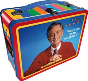 aquarius mr rogers fun box - sturdy tin storage box with plastic handle & embossed front cover - officially licensed mr rogers merchandise & collectible gift for kids, teens & adults