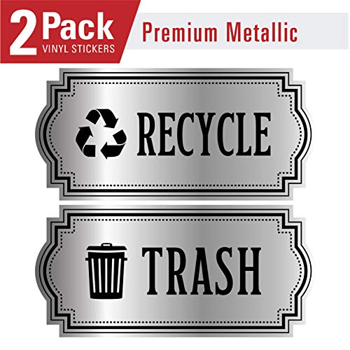 Recycle and Trash Logo Symbol - Elegant Golden Look for Trash Cans, Containers, and Walls - Laminated Vinyl Decal (XSmall, Silver - Elegant 2)