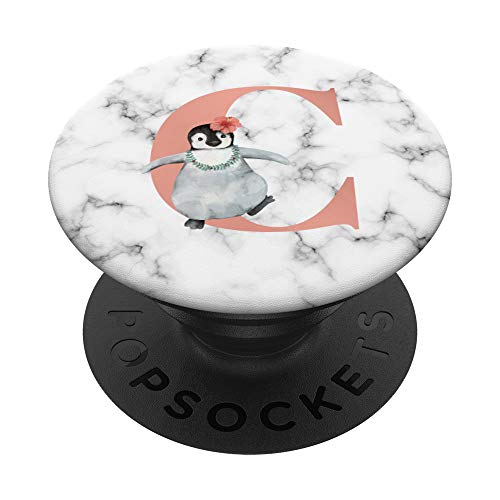 Cute Penguin With Flower Pink Color Letter C PopSockets Swappable PopGrip