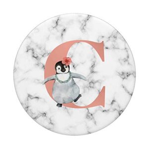 Cute Penguin With Flower Pink Color Letter C PopSockets Swappable PopGrip