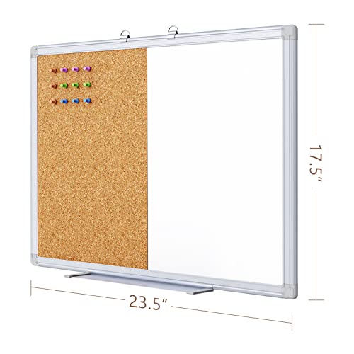 Magnetic Cork Board White Board Combo, Vision Board 2023, 24" x 18" Half Corkboard Whiteboard Combo, Bulletin Pin Board for Office Wall w/Markers, Eraser, Magnets, Pins