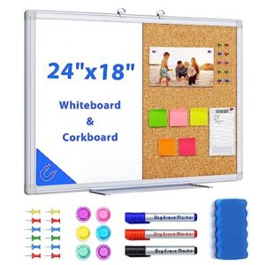 Magnetic Cork Board White Board Combo, Vision Board 2023, 24" x 18" Half Corkboard Whiteboard Combo, Bulletin Pin Board for Office Wall w/Markers, Eraser, Magnets, Pins