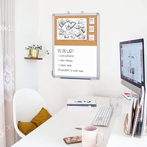 Magnetic Cork Board White Board Combo, Vision Board 2023, 24" x 18" Half Corkboard Whiteboard Combo, Bulletin Pin Board for Office Wall w/Markers, Eraser, Magnets, Pins