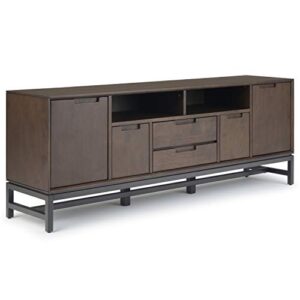 simplihome banting solid hardwood 72 inch wide industrial tv media stand in walnut brown for tvs up to 80 inch, for the living room and entertainment center
