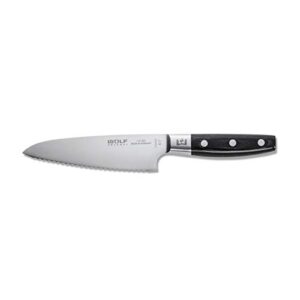 wolf gourmet 5.5" serrated knife, ergonomic for comfort and control, forged high-carbon stainless steel, 12.5 degree angle, durable (wgcu156s)
