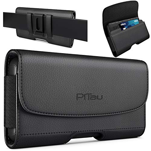 PiTau Holster for Large iPhone 15 Plus and Pro Max Models 14 13 12 11 Xs and for Samsung Galaxy S23+ A54 A53 A52 Cell Phone Belt Holder Case with Clip Pouch ID Card (Fits Phones with Cases On) Black