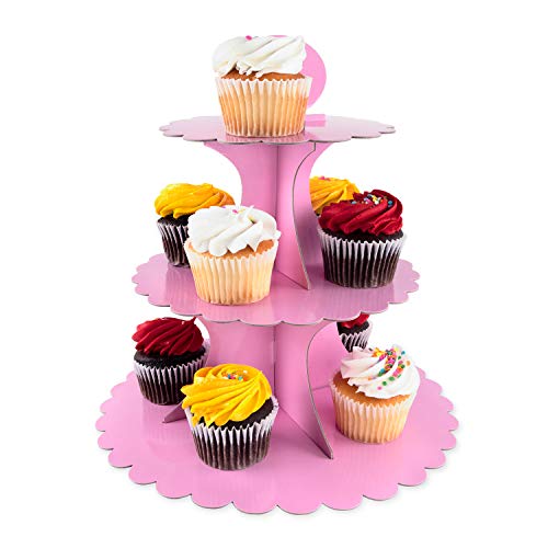 3 Tier Cupcake Cardboard Stand with Blank Canvas Design for Pastry Servings Platter, Birthdays, Dessert Tower Decorations (1 Stand) (Pink)