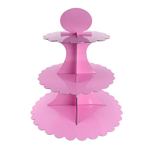 3 Tier Cupcake Cardboard Stand with Blank Canvas Design for Pastry Servings Platter, Birthdays, Dessert Tower Decorations (1 Stand) (Pink)