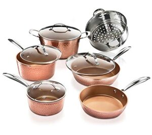 gotham steel hammered collection pots and pans 10 piece premium ceramic cookware set – with triple coated ultra nonstick surface for even heating, oven, stovetop & dishwasher safe