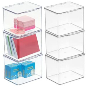 mdesign small plastic home office storage organizer box containers w/hinged lid for desktops - holds pens, pencils, sticky notes, highlighters, staples, supplies - lumiere collection - 6 pack - clear