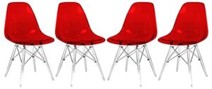 leisuremod dover molded side chair with acrylic legs set of 4 transparent red