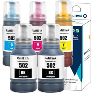 lcl compatible refill ink bottle replacement for 502 t502 t502120 t502220 t502320 t502420 et-2700 et-2750 et-3700 (5-pack,2black pigment 127ml,cmy dye 70ml)
