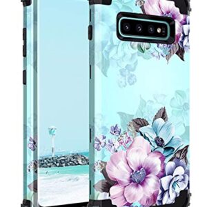 Casetego Compatible with Galaxy S10 Case,Floral Three Layer Heavy Duty Hybrid Sturdy Shockproof Full Body Protective Cover Case for Samsung Galaxy S10,Blue Flower