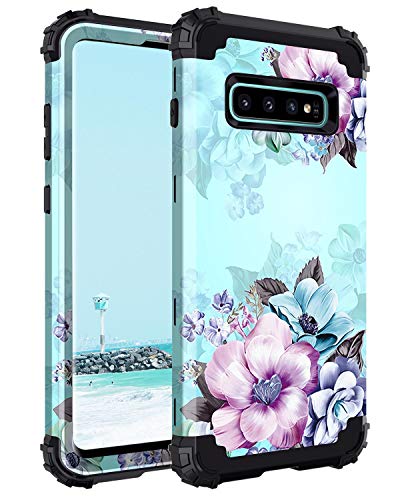 Casetego Compatible with Galaxy S10 Case,Floral Three Layer Heavy Duty Hybrid Sturdy Shockproof Full Body Protective Cover Case for Samsung Galaxy S10,Blue Flower