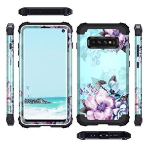 Casetego Compatible with Galaxy S10 Case,Floral Three Layer Heavy Duty Hybrid Sturdy Shockproof Full Body Protective Cover Case for Samsung Galaxy S10,Blue Flower