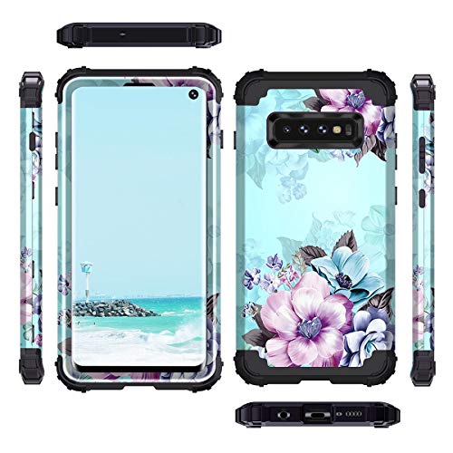 Casetego Compatible with Galaxy S10 Case,Floral Three Layer Heavy Duty Hybrid Sturdy Shockproof Full Body Protective Cover Case for Samsung Galaxy S10,Blue Flower