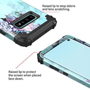 Casetego Compatible with Galaxy S10 Case,Floral Three Layer Heavy Duty Hybrid Sturdy Shockproof Full Body Protective Cover Case for Samsung Galaxy S10,Blue Flower