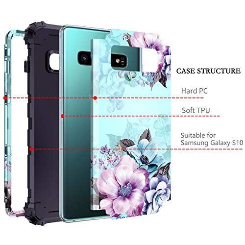 Casetego Compatible with Galaxy S10 Case,Floral Three Layer Heavy Duty Hybrid Sturdy Shockproof Full Body Protective Cover Case for Samsung Galaxy S10,Blue Flower