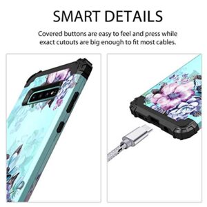 Casetego Compatible with Galaxy S10 Case,Floral Three Layer Heavy Duty Hybrid Sturdy Shockproof Full Body Protective Cover Case for Samsung Galaxy S10,Blue Flower