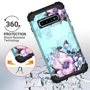 Casetego Compatible with Galaxy S10 Case,Floral Three Layer Heavy Duty Hybrid Sturdy Shockproof Full Body Protective Cover Case for Samsung Galaxy S10,Blue Flower