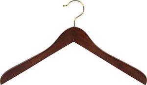 concave wooden top hanger with walnut finish, thick curved coat hangers with brass swivel hook for jackets or fine shirts (set of 24) by the great american hanger company
