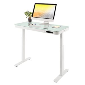 seville classics airlift electric height adjustable desk with tempered glass top, usb charging ergonomic sit stand modern home office workstation, 47.5" x 24" pull out drawer, artic white
