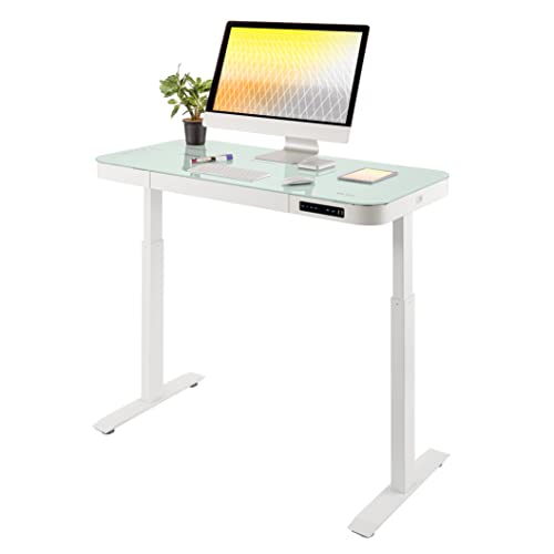 Seville Classics Airlift Electric Height Adjustable Desk with Tempered Glass Top, USB Charging Ergonomic Sit Stand Modern Home Office Workstation, 47.5" x 24" Pull Out Drawer, Artic White