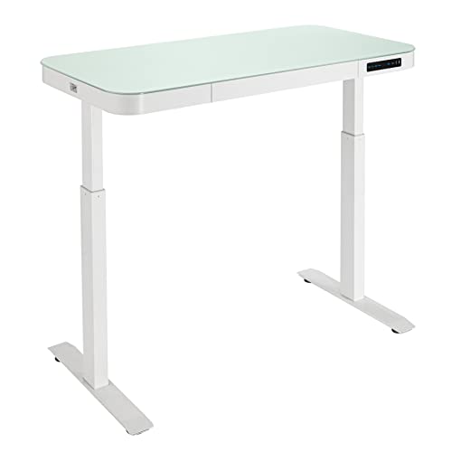 Seville Classics Airlift Electric Height Adjustable Desk with Tempered Glass Top, USB Charging Ergonomic Sit Stand Modern Home Office Workstation, 47.5" x 24" Pull Out Drawer, Artic White