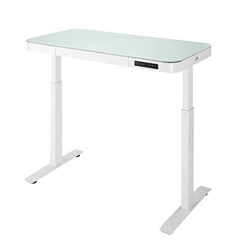 Seville Classics Airlift Electric Height Adjustable Desk with Tempered Glass Top, USB Charging Ergonomic Sit Stand Modern Home Office Workstation, 47.5" x 24" Pull Out Drawer, Artic White