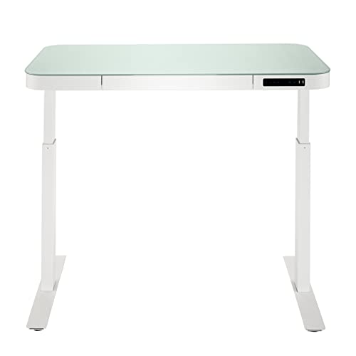 Seville Classics Airlift Electric Height Adjustable Desk with Tempered Glass Top, USB Charging Ergonomic Sit Stand Modern Home Office Workstation, 47.5" x 24" Pull Out Drawer, Artic White