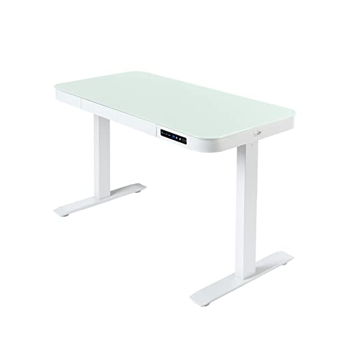 Seville Classics Airlift Electric Height Adjustable Desk with Tempered Glass Top, USB Charging Ergonomic Sit Stand Modern Home Office Workstation, 47.5" x 24" Pull Out Drawer, Artic White