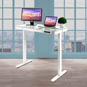 Seville Classics Airlift Electric Height Adjustable Desk with Tempered Glass Top, USB Charging Ergonomic Sit Stand Modern Home Office Workstation, 47.5" x 24" Pull Out Drawer, Artic White