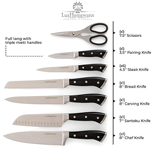 Kitchen Knife Set with Block, 14 pc, Stainless Steel - Complete Culinary Sets - Gourmet Chef, Pairing, Cooking, Steak Knives with Scissors and Built-In Sharpener - All-Purpose, Full Tang