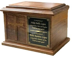 extra large cross wooden funeral cremation ash urn, companion human cremation urn, double urn with customized name plate