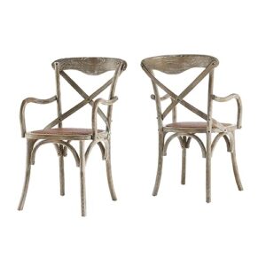 modway gear rustic modern farmhouse elm wood rattan two dining armchairs in gray