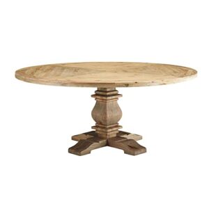 modway column 71" rustic farmhouse pine wood round kitchen and dining room table, brown