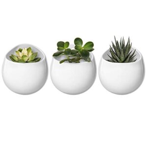 mkono 4 inch wall mounted planter round ceramic hanging plant holder decorative flower display vase succulent pots for indoor plants, set of 3, white (plants not included)